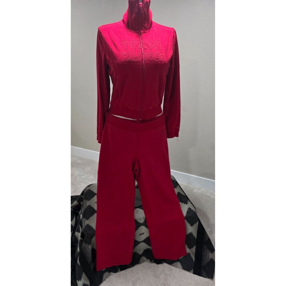 Tommy Hilfiger Womens Red Velour Tracksuit Jacket & Pants Set Large